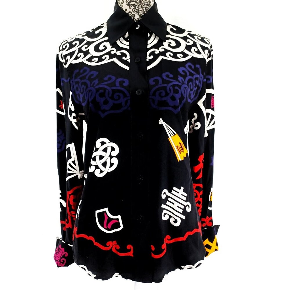 LINDA ALLARD ELLEN TRACY Silk Blouse Asian Graphic 4